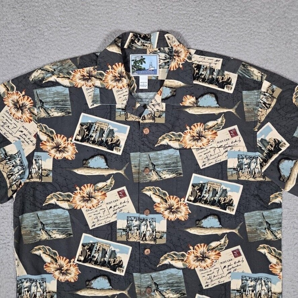 AFTCO Shirt Mens Large Miami Fish Postcards Beach Surf Casual Made in USA Logo - Picture 2 of 12